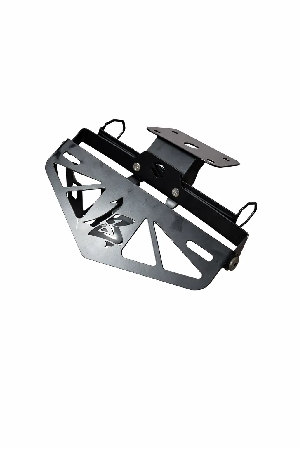 Black LS Customs stainless steel tail tidy with cut-out number plate bracket on white background