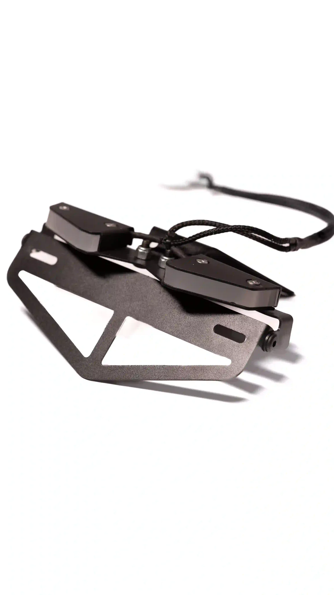 Black Split tail tidy with two integrated LED indicator pods and braided wiring on white background
