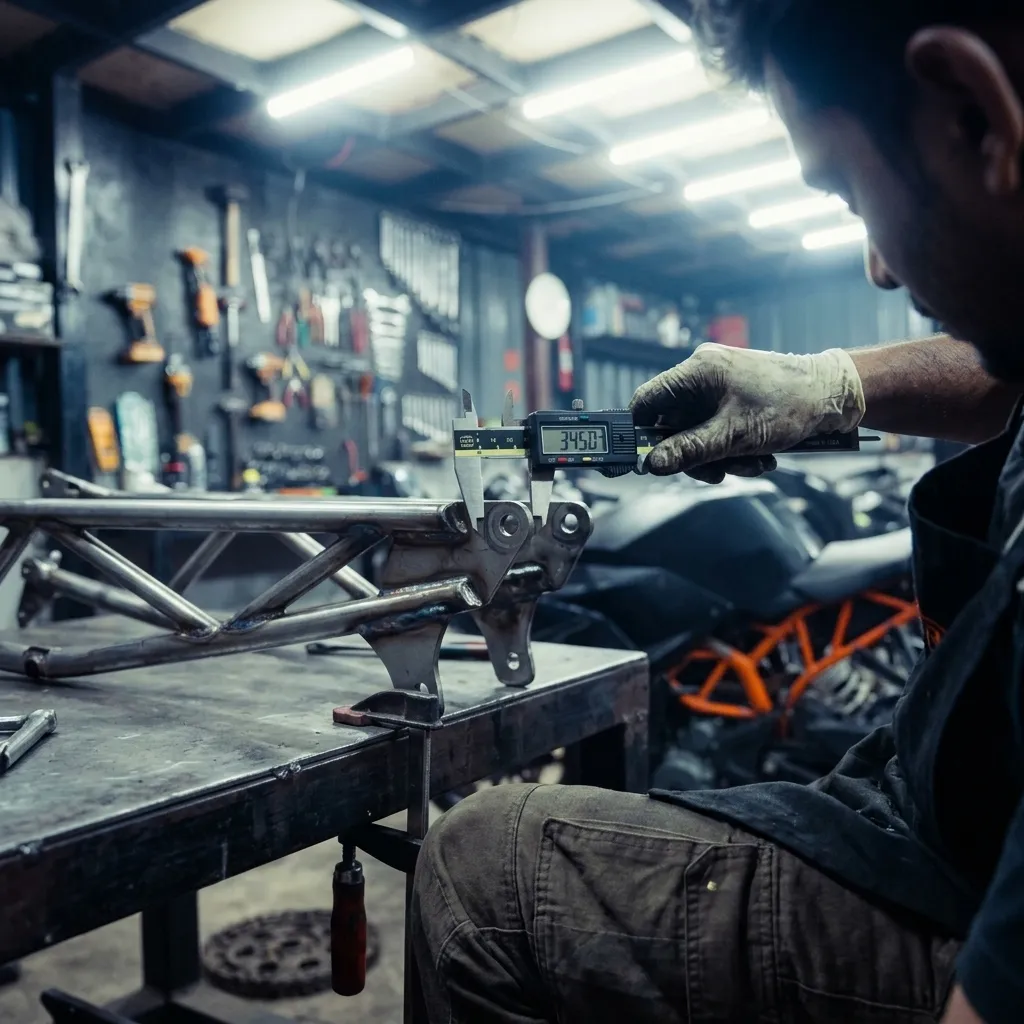 Mechanic measuring custom motorcycle subframe with digital calipers