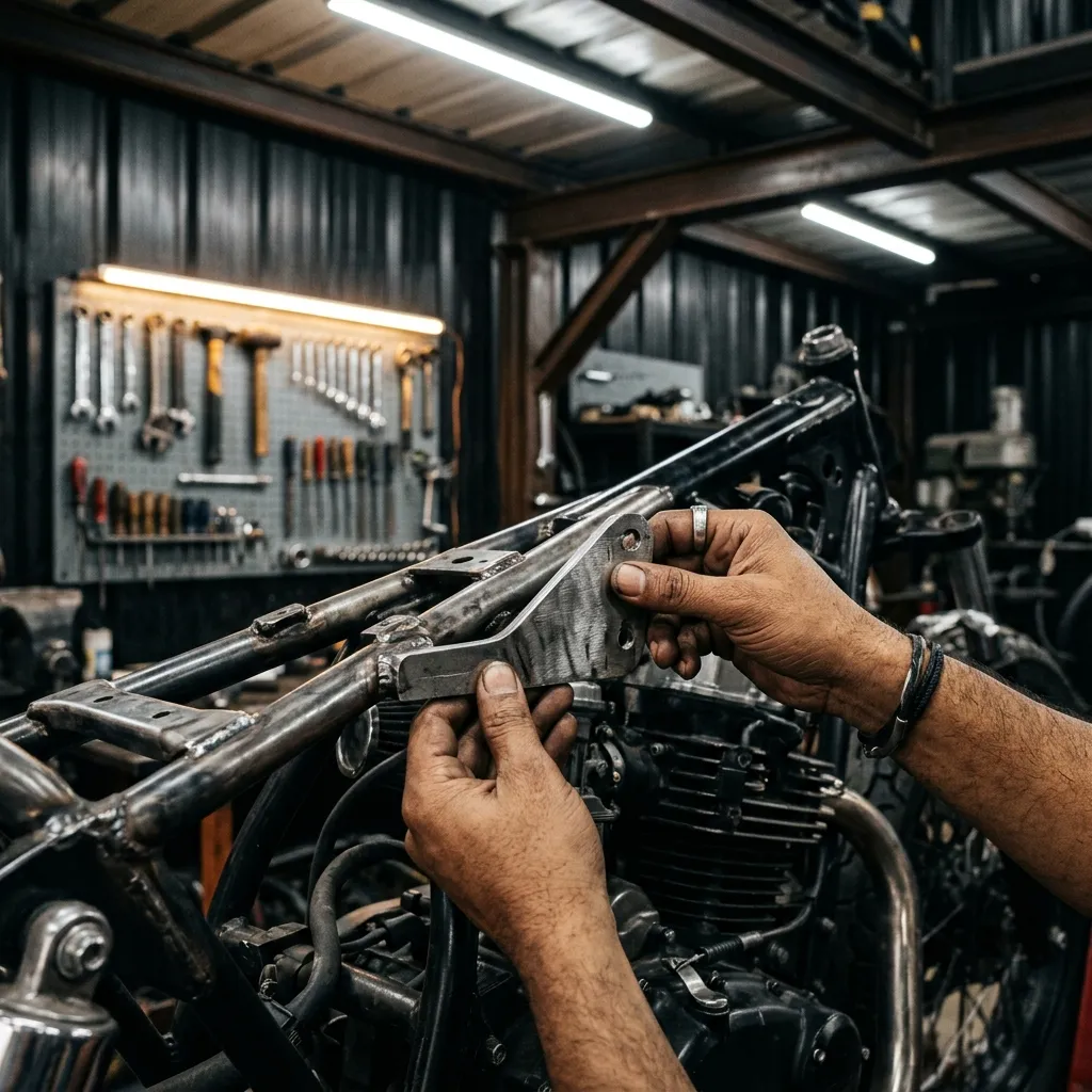 Mechanic holding a raw metal bracket against a motorcycle chassis to check clearances